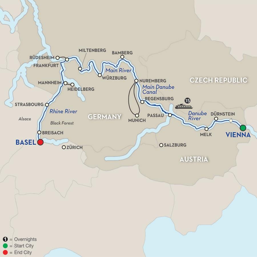 Карта на река Дунав във Виена 