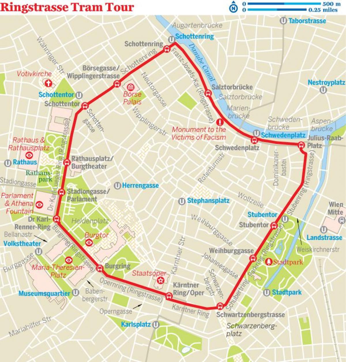 Виенски околовръстен трамвай маршрут на картата